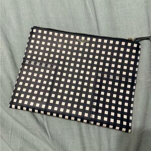 Tory Burch Navy and White Gingham Zip Pouch with Gold Logo